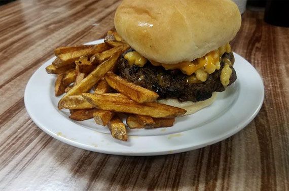 Mac and Cheeseburger with fries